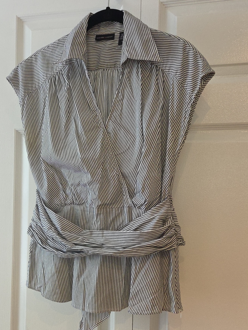 New York & Company Black and White Striped Surplice Blouse